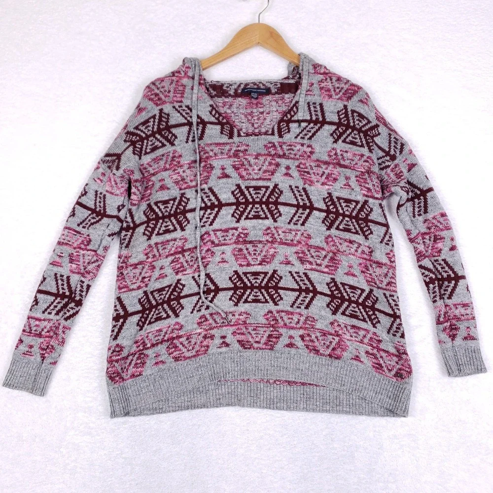 American Eagle‎ Womens Hooded Sweater Small Gray Burgundy Boho Casual